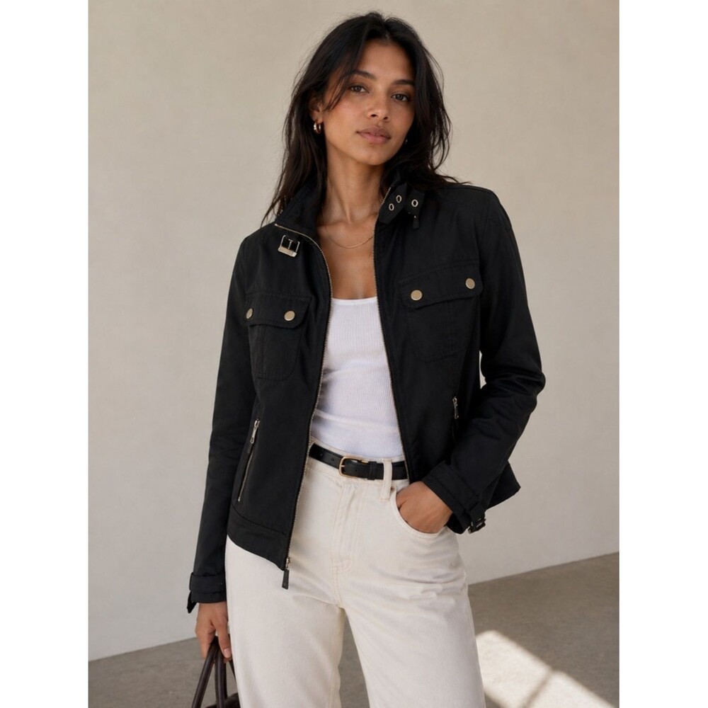 Lauren Ralph Lauren Black Utility Jacket Medium Zip Up Buckle Moto Military Styl